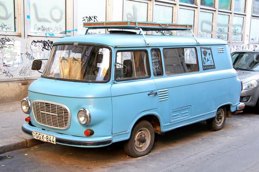 BUDAPEST, HUNGARY - JULY 23, 2014: Cyan retro van Barkas B1000 at the city street.