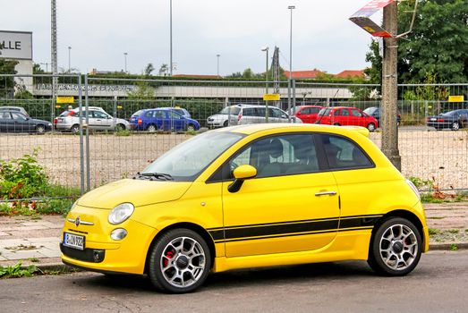 BERLIN, GERMANY - SEPTEMBER 11, 2013: Motor car Fiat 500 at the city street.