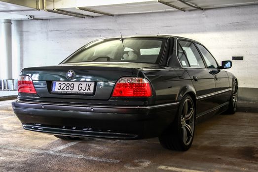 BERLIN, GERMANY - AUGUST 16, 2014: Motor car BMW E38 7-series at the underground parking.