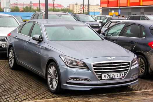 NOVYY URENGOY, RUSSIA - JULY 8, 2015: Motor car Hyundai Genesis at the city street.