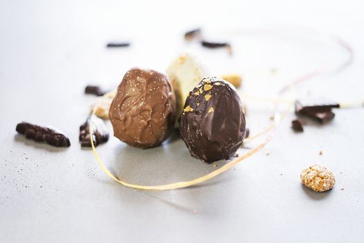 Easter eggs on wooden table. Holiday background