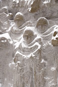 Defenders of Stalingrad, a fragment of a bas-relief of "Wall ruins" on Mamayev Kurgan in the winter