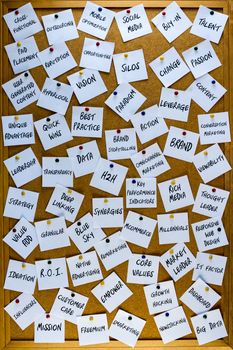 Business buzzwords pinned to bulletin board