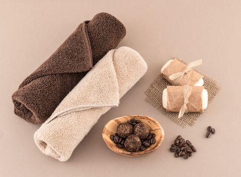 Coffee bean bath bombs, artisan spa soap and luxury towels