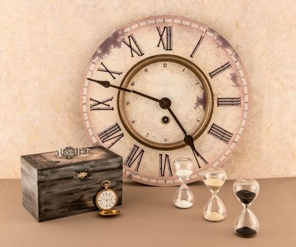 "Time" theme with wall clock, hourglass, wristwatch, and pocketwatch