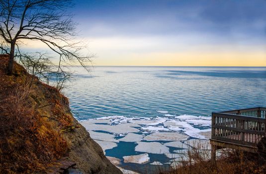 Wintry Lake Erie Overlook with ice floes early morning