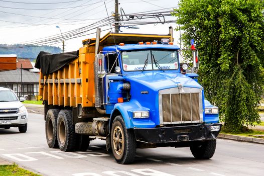 VILLARRICA, CHILE - NOVEMBER 20, 2015: Dump truck Kenworth T800 at the town street.