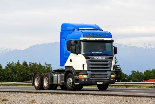 O'HIGGINS, CHILE - NOVEMBER 19, 2015: Semi-trailer truck Scania R420 at the Pan-American Highway.