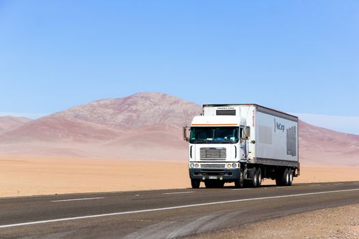 ATACAMA, CHILE - NOVEMBER 14, 2015: Semi-trailer truck Freightliner Argosy at the Pan-American Highway.