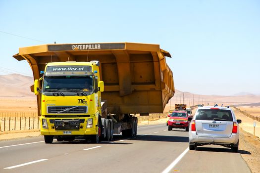 ATACAMA, CHILE - NOVEMBER 18, 2015: Heavy trailer truck Volvo FH at the Pan-American Highway.