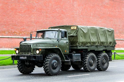MOSCOW, RUSSIA - MAY 6, 2012: Russian military truck URAL 4320 in the city street.