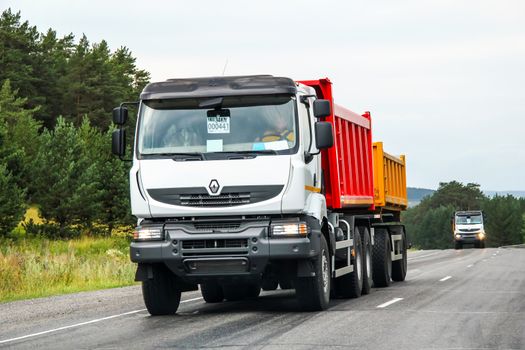 CHELYABINSK REGION, RUSSIA - JULY 21, 2012: Dump truck Renault Kerax at the interurban freeway.