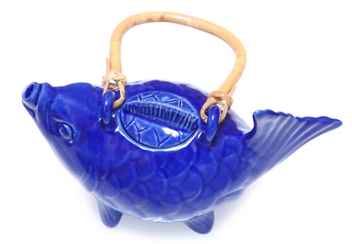 Blue Koi Fish Tea Pot Over White