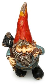 Adorable wooden garden gnome with shovel. Standing. Isolated over white.
