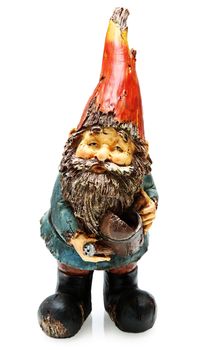 Adorable wooden garden gnome with watering can Standing. Isolated over white.