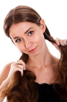 Smiling young woman isolated over white background