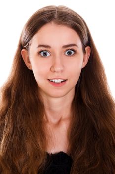 Amazed young woman isolated over white background