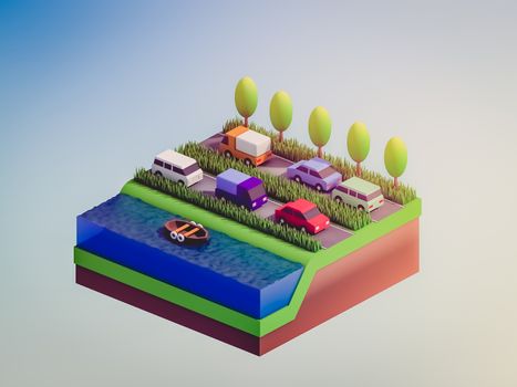  isometric city buildings, landscape, Road and river, isometric city background