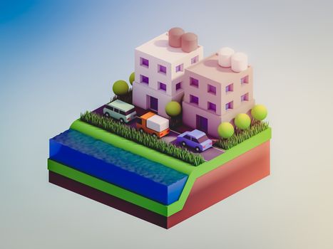  isometric city buildings, landscape, Road and river, isometric city background