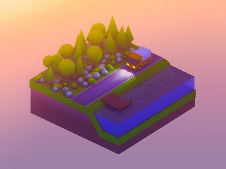  isometric city buildings, landscape, Road and river, isometric city background