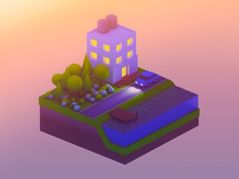  isometric city buildings, landscape, Road and river, isometric city background