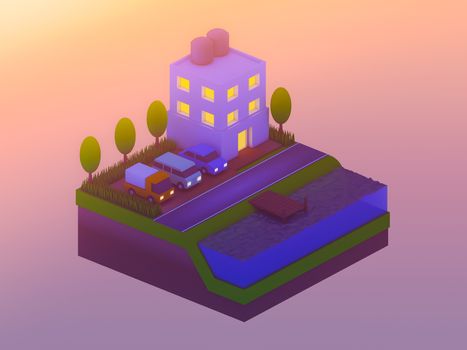  isometric city buildings, landscape, Road and river, isometric city background