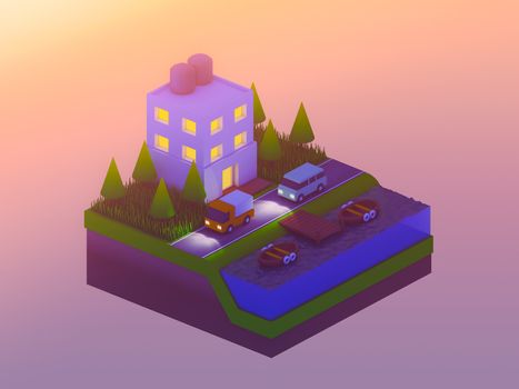  isometric city buildings, landscape, Road and river, isometric city background