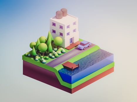  isometric city buildings, landscape, Road and river, isometric city background