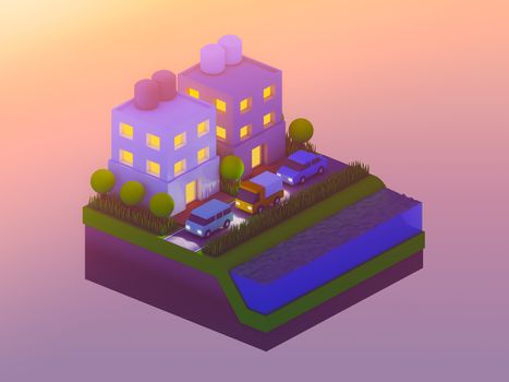  isometric city buildings, landscape, Road and river, isometric city background