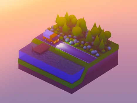  isometric city buildings, landscape, Road and river, isometric city background