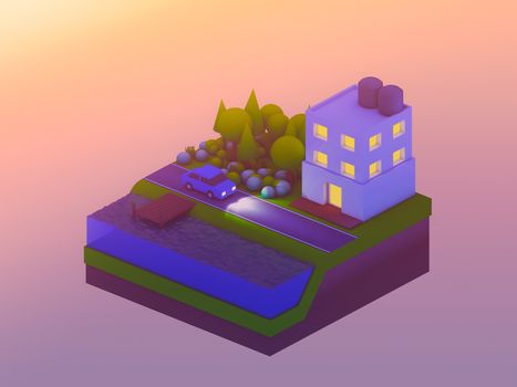  isometric city buildings, landscape, Road and river, isometric city background