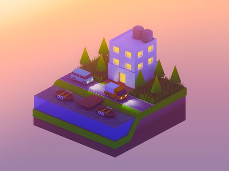  isometric city buildings, landscape, Road and river, isometric city background