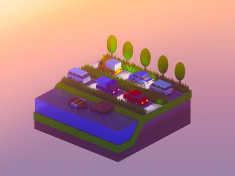  isometric city buildings, landscape, Road and river, isometric city background