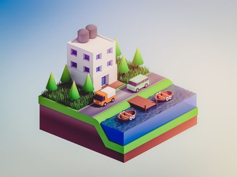  isometric city buildings, landscape, Road and river, isometric city background