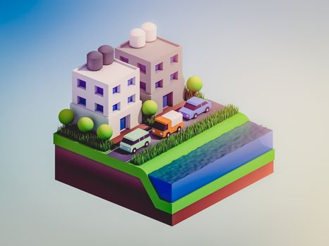  isometric city buildings, landscape, Road and river, isometric city background