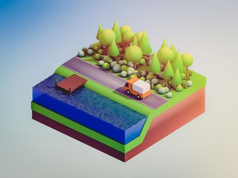  isometric city buildings, landscape, Road and river, isometric city background