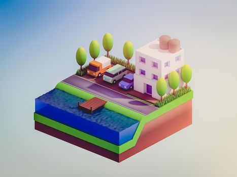  isometric city buildings, landscape, Road and river, isometric city background