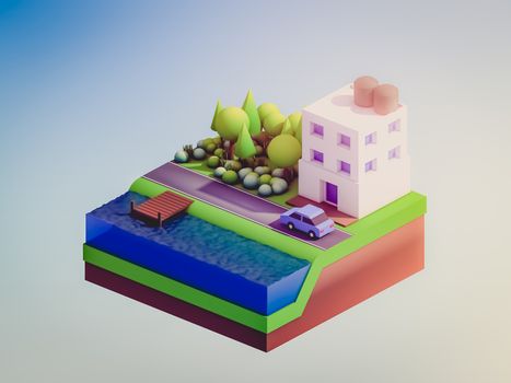  isometric city buildings, landscape, Road and river, isometric city background