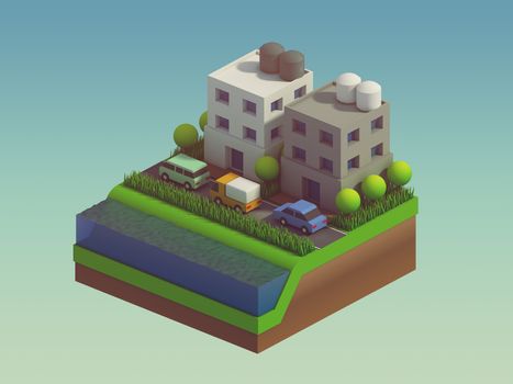  isometric city buildings, landscape, Road and river, isometric city background