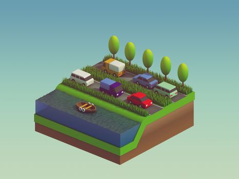  isometric city buildings, landscape, Road and river, isometric city background