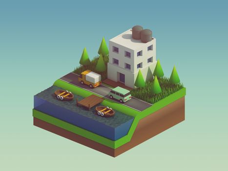  isometric city buildings, landscape, Road and river, isometric city background