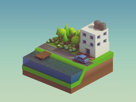  isometric city buildings, landscape, Road and river, isometric city background