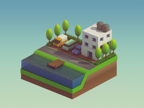  isometric city buildings, landscape, Road and river, isometric city background