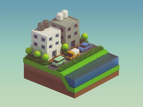  isometric city buildings, landscape, Road and river, isometric city background