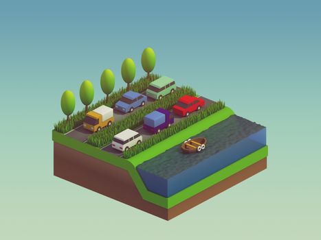  isometric city buildings, landscape, Road and river, isometric city background