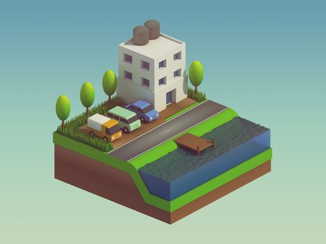  isometric city buildings, landscape, Road and river, isometric city background