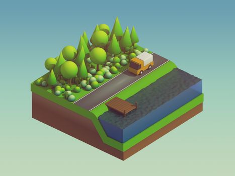  isometric city buildings, landscape, Road and river, isometric city background