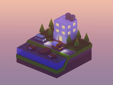  isometric city buildings, landscape, Road and river, isometric city background