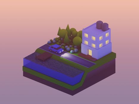  isometric city buildings, landscape, Road and river, isometric city background