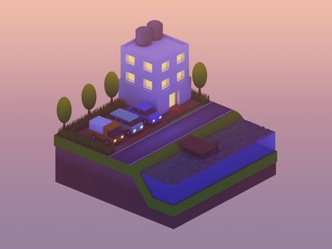  isometric city buildings, landscape, Road and river, isometric city background